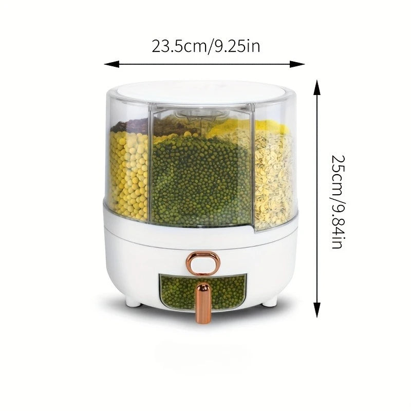 6-Compartment 360° Rotating Airtight Food Storage Container - Moisture-Proof for Cereal, Candy, Rice - Kitchen Pantry Organizer